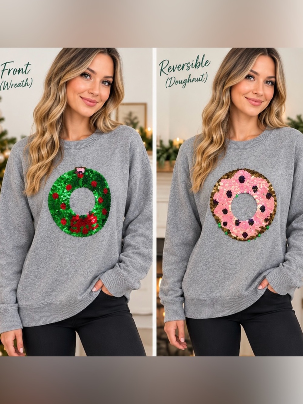 Reversible Sequin Wreath & Doughnut Sweater - Gray size 1x